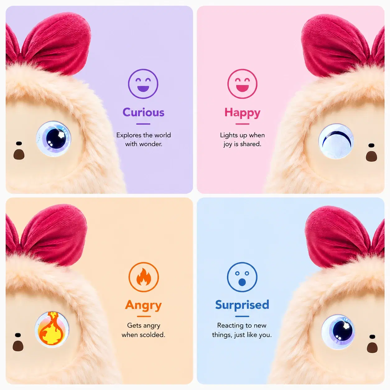 Yumi showing curious, happy, angry and surprised expressions